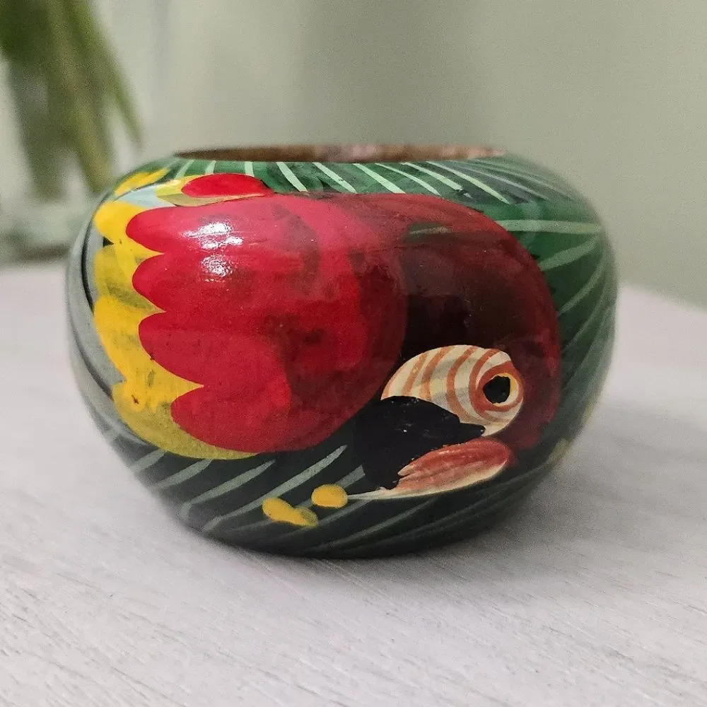 Wooden Bowl Hand painted Macaw Parrot Bird Planter trinket dish